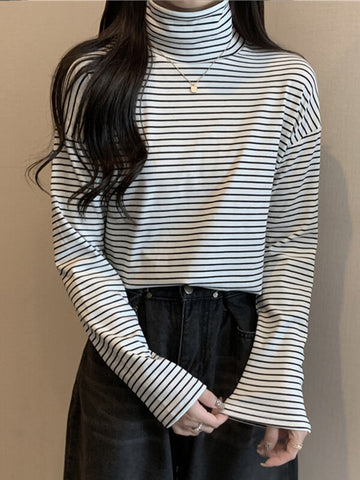 Airchics hauts rayé doublé polaire coton col roulé manches longues femme mode